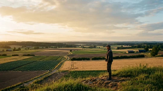 Agriculteur contemplant ses terres cultivées avec parcellaire diversifié sous lumière naturelle