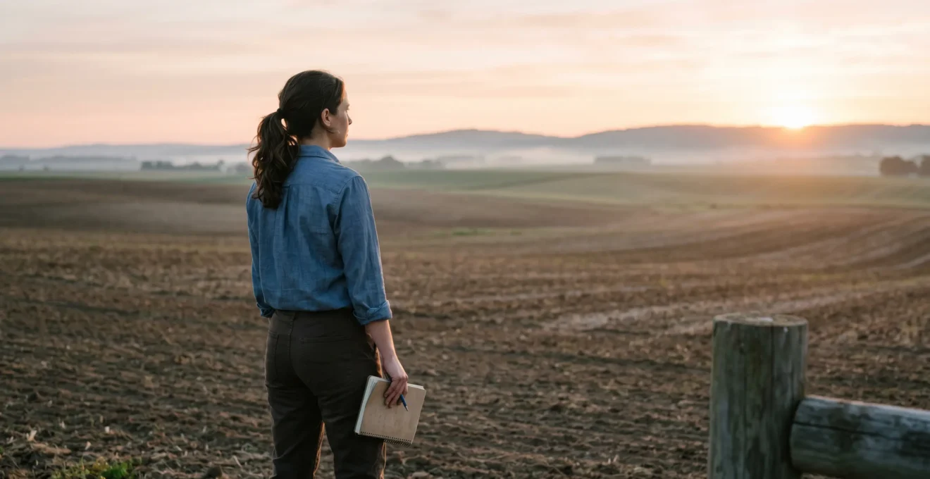 Un professionnel déterminé contemplant un paysage agricole verdoyant au lever du soleil, symbolisant la transition de salarié vers chef d'entreprise agricole