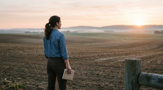 Un professionnel déterminé contemplant un paysage agricole verdoyant au lever du soleil, symbolisant la transition de salarié vers chef d'entreprise agricole