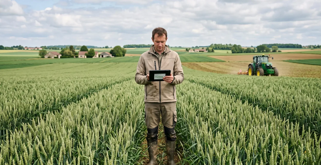 Exploitant agricole utilisant une tablette tactile au milieu d'une parcelle de céréales pour enregistrer une intervention culturale, avec tracteur moderne visible en arrière-plan dans un paysage agricole français