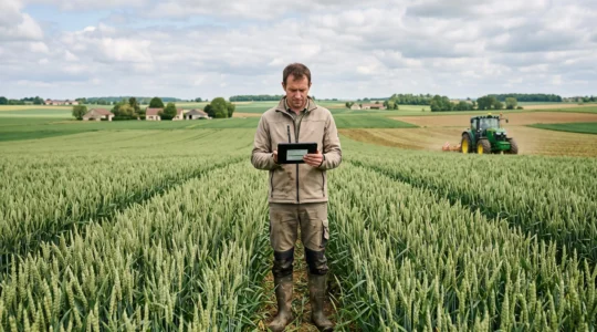 Exploitant agricole utilisant une tablette tactile au milieu d'une parcelle de céréales pour enregistrer une intervention culturale, avec tracteur moderne visible en arrière-plan dans un paysage agricole français