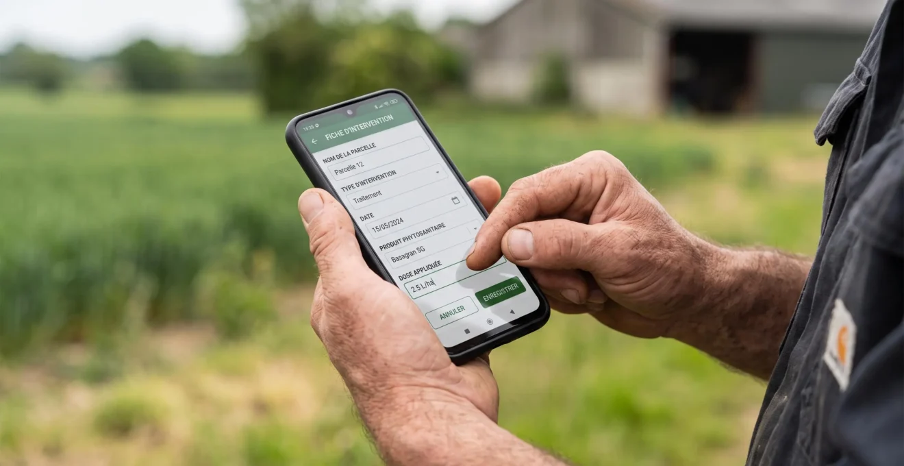 Gros plan sur des mains d'agriculteur utilisant un smartphone affichant un formulaire d'intervention numérique en français avec champs de saisie personnalisés pour la traçabilité culturale