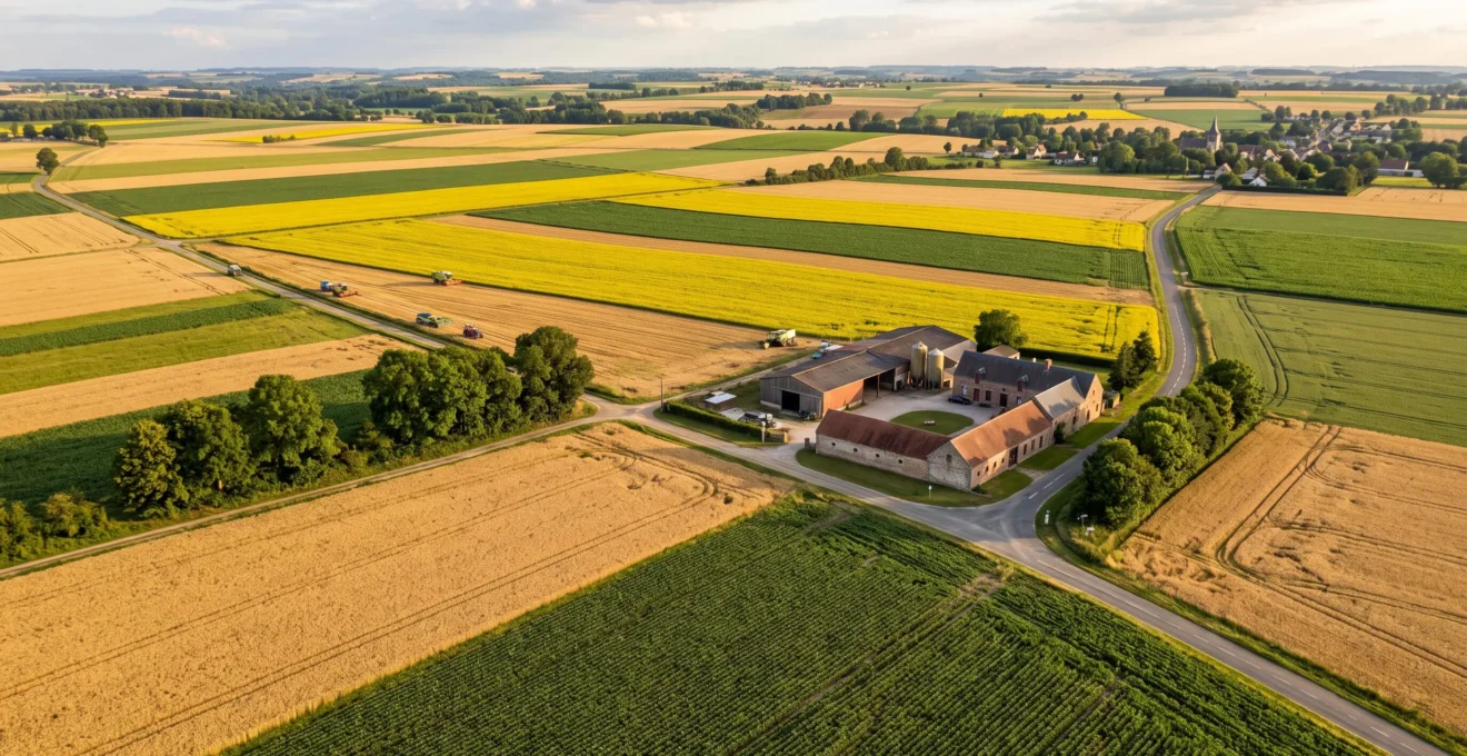 Vue aérienne d'un parcellaire agricole français montrant la mosaïque de cultures diversifiées (céréales, colza, prairies) délimitées par des chemins et haies dans un paysage de grandes cultures